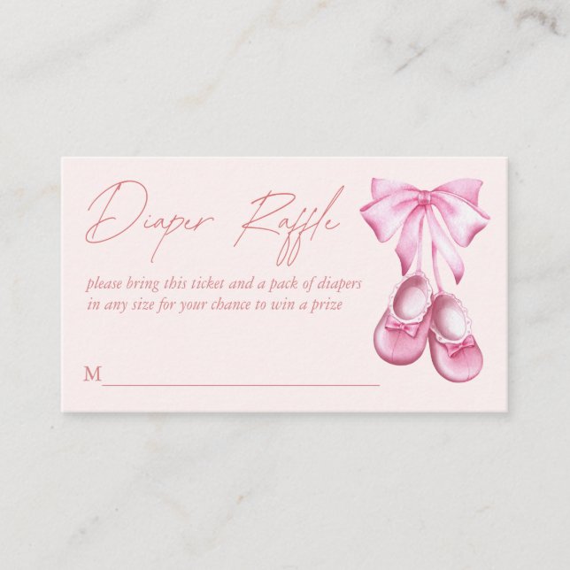 Pink bow baby shoes coquette diaper raffle enclosure card (Front)