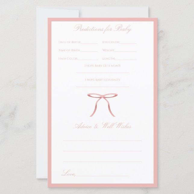 Pink Bow Baby Shower Advice & Predictions Game (Front)