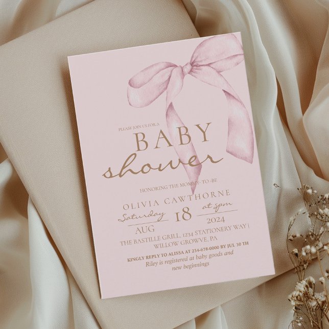 Pink Bow Baby Shower Blush Pink Invitation (Creator Uploaded)