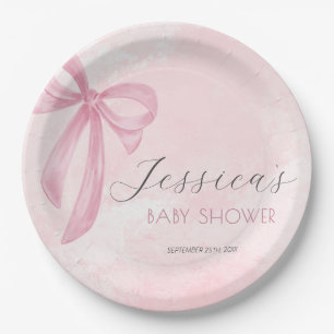 Pink Bow Baby Shower Blush Pink Watercolor Paper Plate