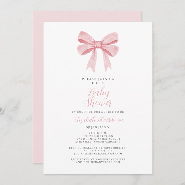 Pink Bow Baby Shower Coquette Girly Elegant Pastel Invitation (Front/Back)