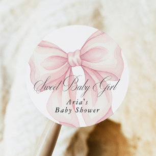 Pink Bow Baby Shower Favour, Sweet Baby Girl Classic Round Sticker