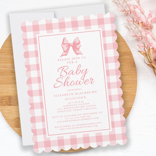 Pink Bow Baby Shower Gingham Pastel Girly Elegant Invitation (Pink Bow Baby Shower Gingham Check Girly Elegant Invitation)