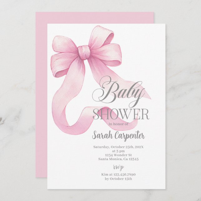 Pink Bow Baby Shower Girl Invitation (Front/Back)