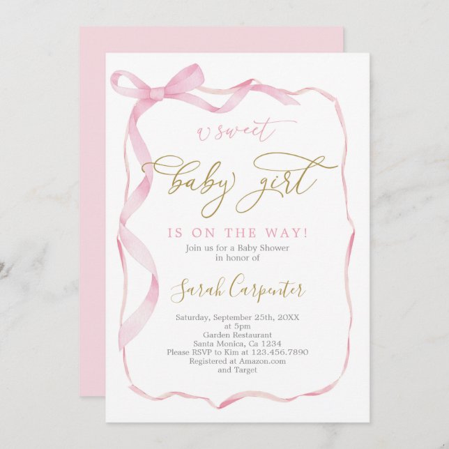 Pink Bow Baby Shower Girl Invitation (Front/Back)