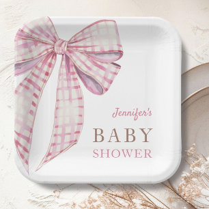 Pink Bow Baby Shower Girl Watercolor Paper Plate