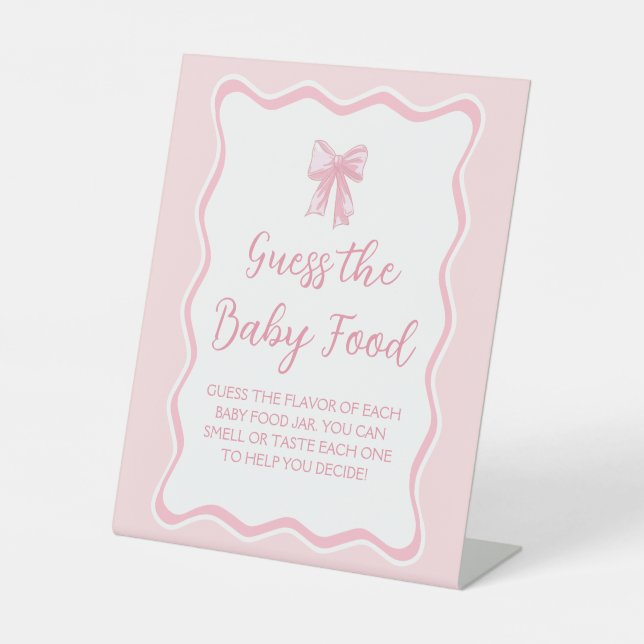 Pink Bow Baby Shower Guess Baby Food Game Pedestal Sign (Front)