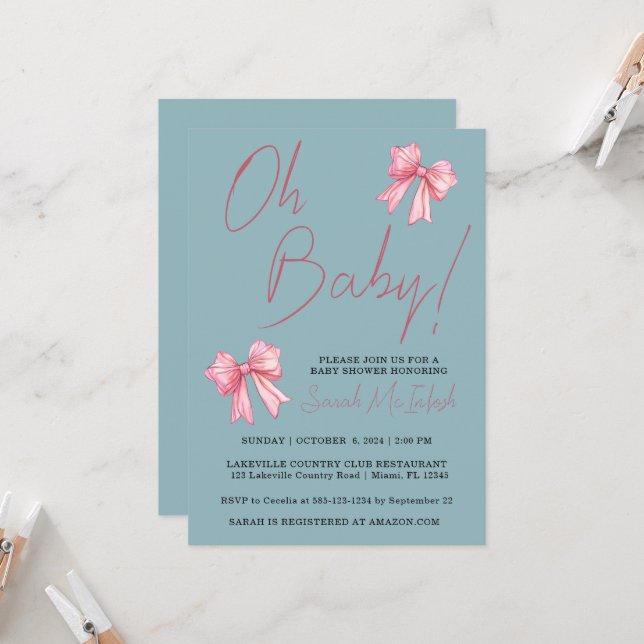 Pink Bow Baby Shower Invitation (Front/Back In Situ)