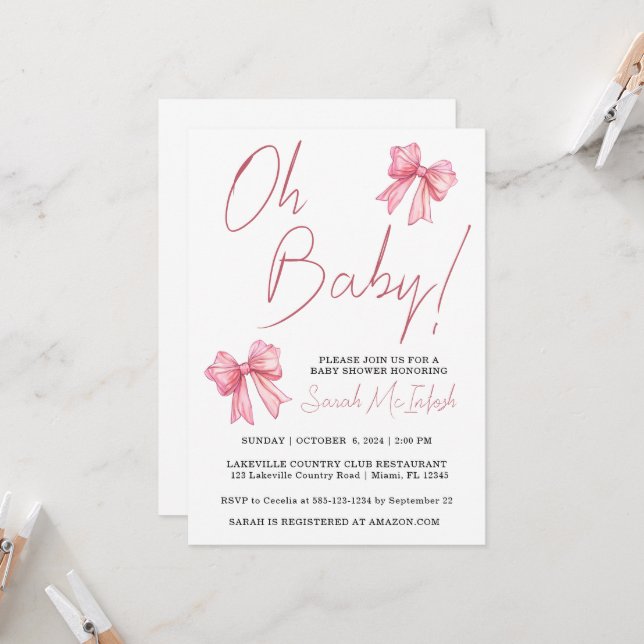 Pink Bow Baby Shower Invitation (Front/Back In Situ)