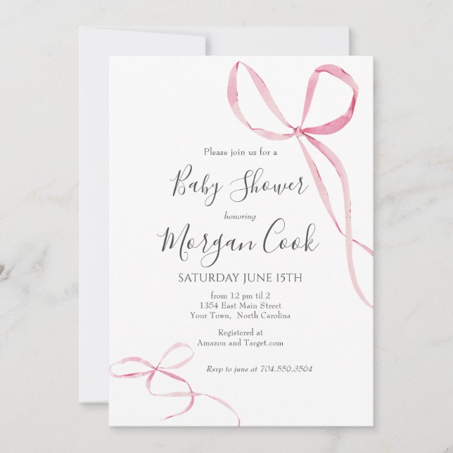 Pink bow baby shower invitation, baby girl shower invitation (Front)