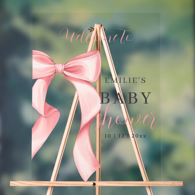 Pink Bow Baby Shower Invitation, Girl Baby Shower Acrylic Sign (Neutral)
