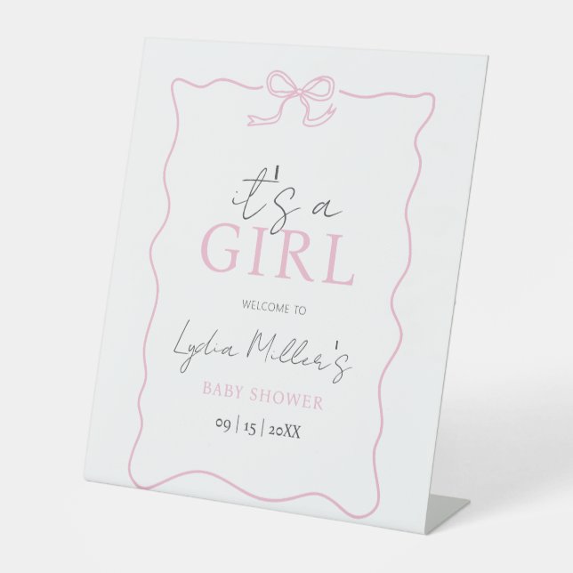 Pink Bow Baby Shower Invitation, Girl Baby Shower Pedestal Sign (Front)