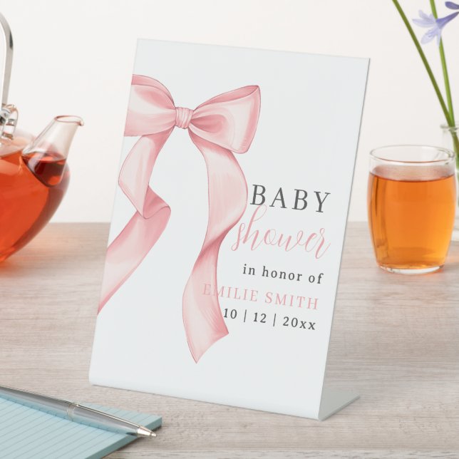 Pink Bow Baby Shower Invitation, Pink Coquette Pedestal Sign (In SItu)