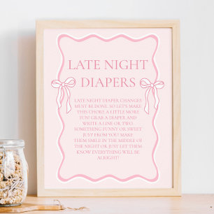 Pink Bow Baby Shower Late Night Diapers Party Game Poster