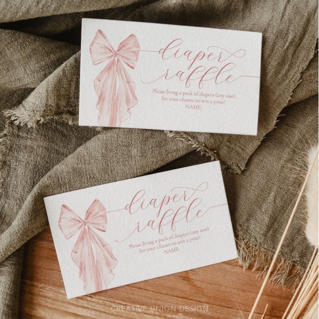 Pink Bow Baby Shower Minimalist Diaper Raffle Enclosure Card (Girl Baby Shower, Pink Bow, Rustic Baby Shower, Boho Baby Shower, Watercolor Pink Bow, Elegant)