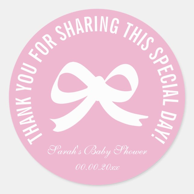 Pink bow baby shower party favour thank you sticke classic round sticker (Front)