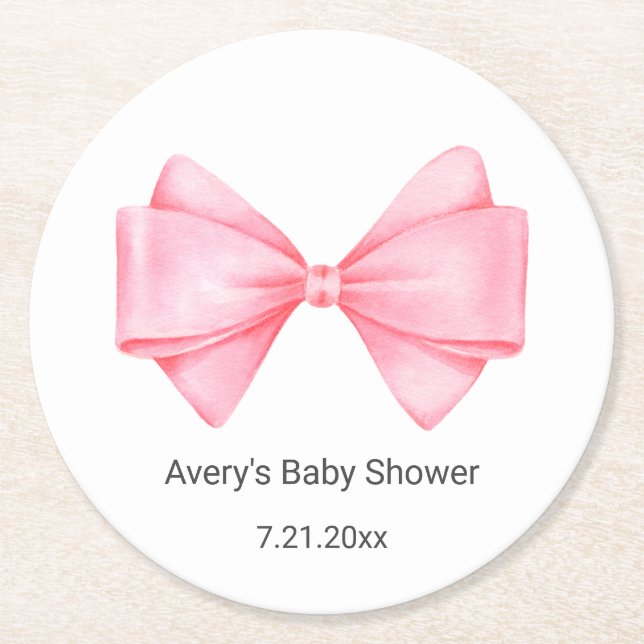 Pink Bow Baby Shower Round Paper Coaster (Front)