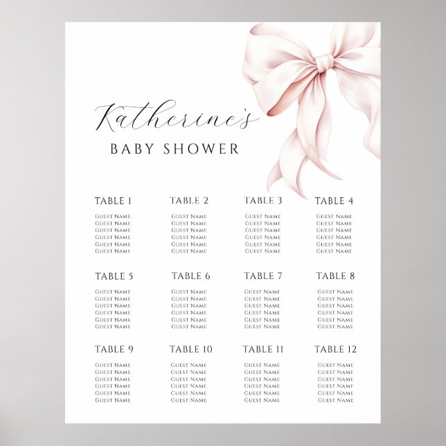 Pink Bow Baby Shower Seating Chart Poster (Front)