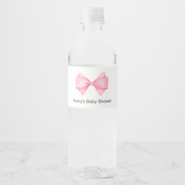 Pink Bow Baby Shower Water Bottle Label (Front)