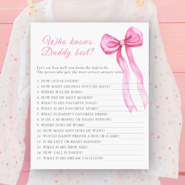 Pink bow baby shower Who knows daddy best game (Creator Uploaded)