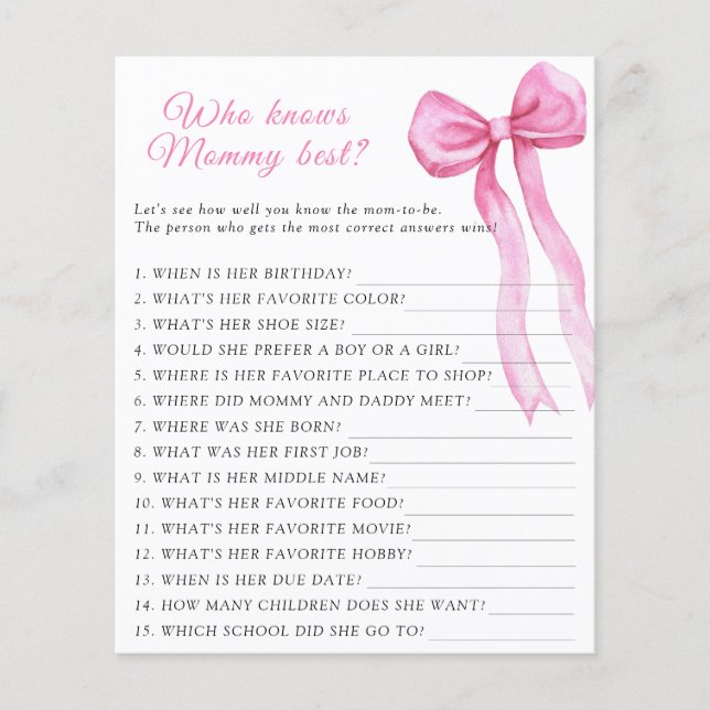 Pink bow baby shower Who knows mummy best game (Front)