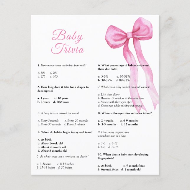 Pink bow - Baby Trivia | Baby Shower Game (Front)