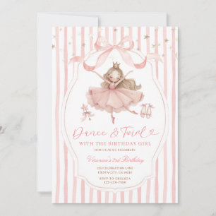 Pink Bow Ballerina Dance and Twirl Birthday Stripe Invitation