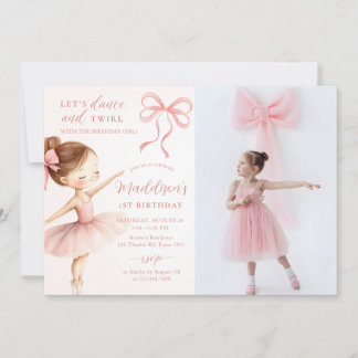 Pink Bow Ballet Dancer Girl Birthday Party Photo Invitation