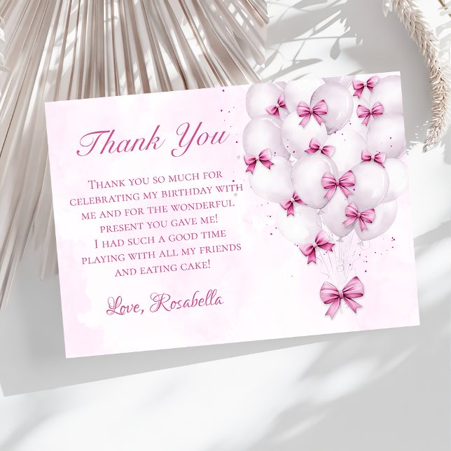 Pink Bow Balloons Girl Birthday Thank You Card (Creator Uploaded)