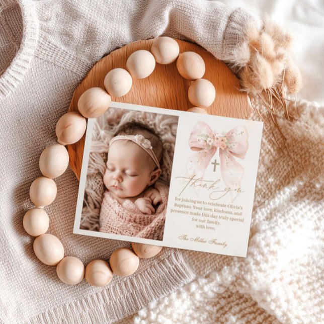 Pink Bow Baptism Flat Thank You Card (Creator Uploaded)