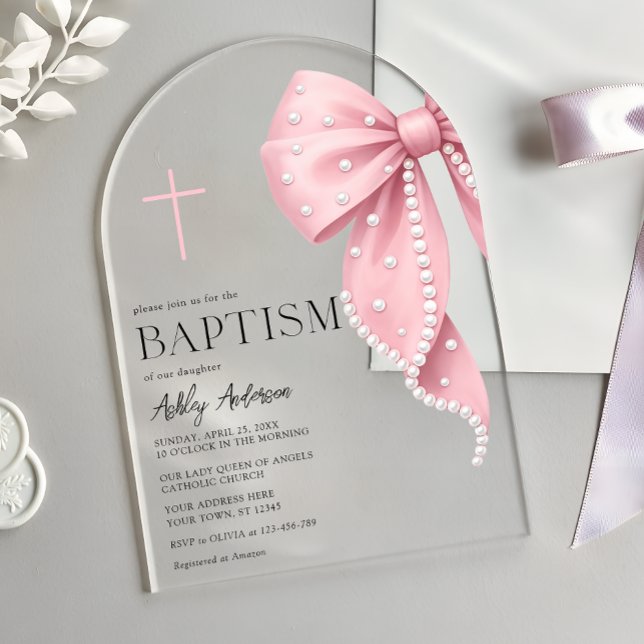 Pink Bow Baptism Girl Acrylic Invitations (Creator Uploaded)
