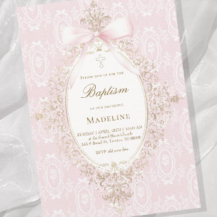 pink bow Baptism girl Invitation