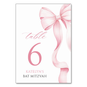 Pink Bow Bat Mitzvah Table Number Card