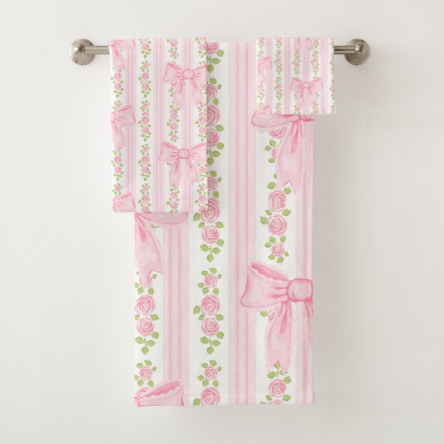 Pink bow bath towel, coquette bathroom decor bath towel set (Insitu)