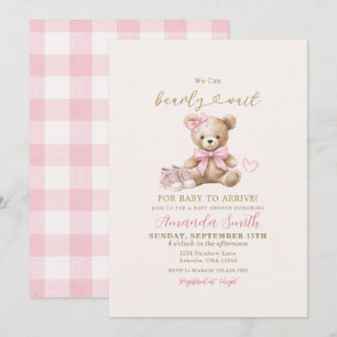 Pink Bow Bear We can Bearly Wait Baby Baby Shower  Invitation