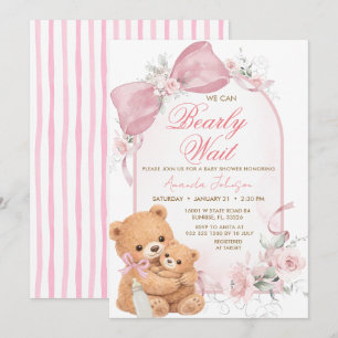 Pink bow Bearly Wait Baby Shower Invitation
