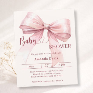 Pink bow beige girl Baby Shower invitation