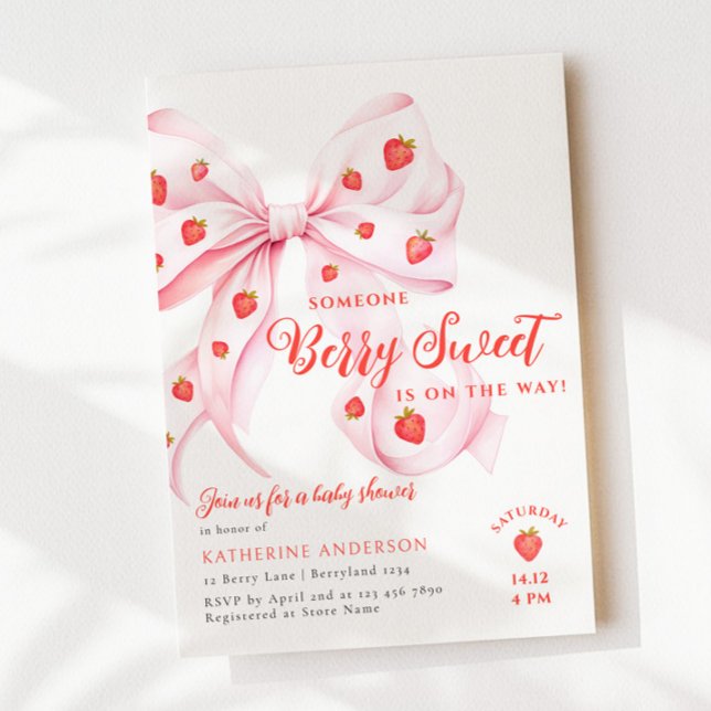Pink Bow Berry Sweet Baby Shower Invitation (Creator Uploaded)