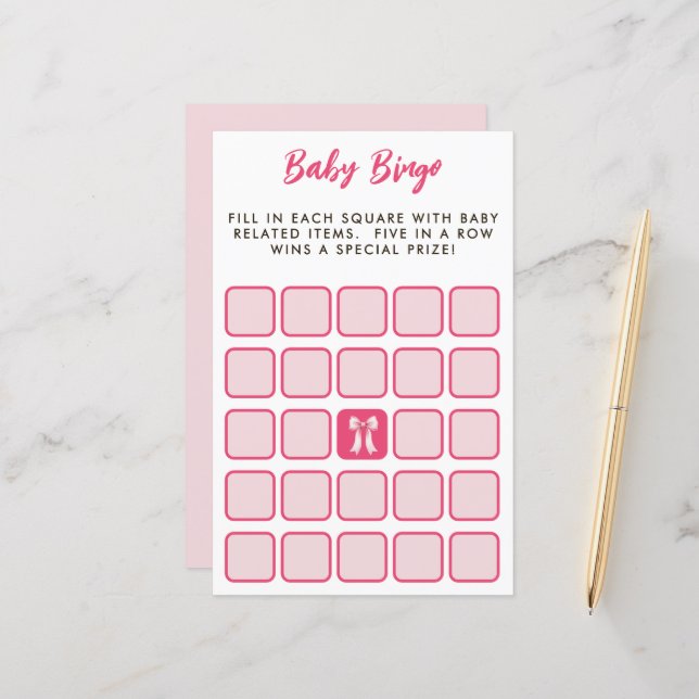 Pink Bow Bingo Baby Shower Game (Front/Back In Situ)