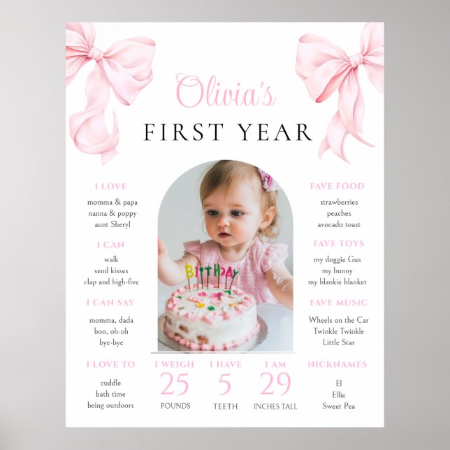 Pink Bow Birthday First Year Milestone Poster (Front)
