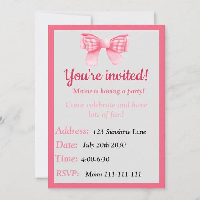 Pink Bow Birthday Invitation (Front)