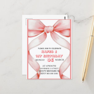 Pink Bow Birthday Invitation, Girl Pink Birthday I Postcard