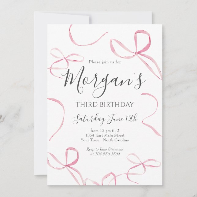 Pink bow Birthday Invitation, Preppy Girl Birthday Invitation (Front)