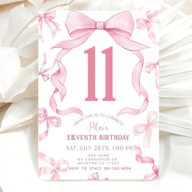 Pink Bow Birthday Invite, Girls 11th Birthday Invitation (Creator Uploaded)