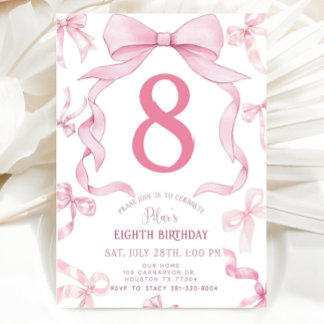 Pink Bow Birthday Invite, Girls 8th Birthday Invit Invitation