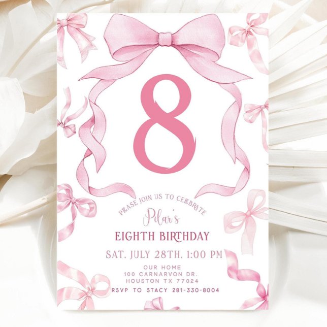 Pink Bow Birthday Invite, Girls 8th Birthday Invit Invitation (Creator Uploaded)