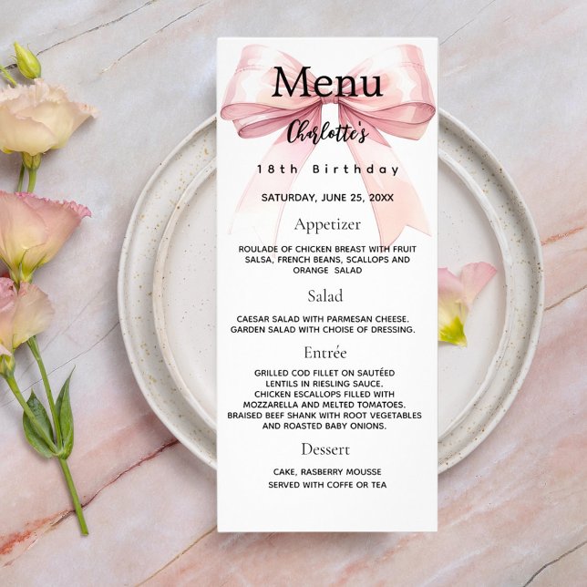 Pink bow birthday menu card (Creator Uploaded)