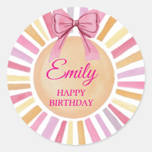 Pink Bow Birthday Party Baby Favour  Sun Classic Round Sticker