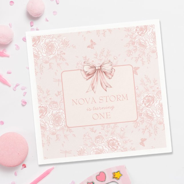 Pink Bow Birthday Party Whimsy Toile Personalised Napkin (Creator Uploaded)