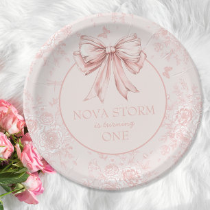 Pink Bow Birthday Party Whimsy Toile Personalised Paper Plate
